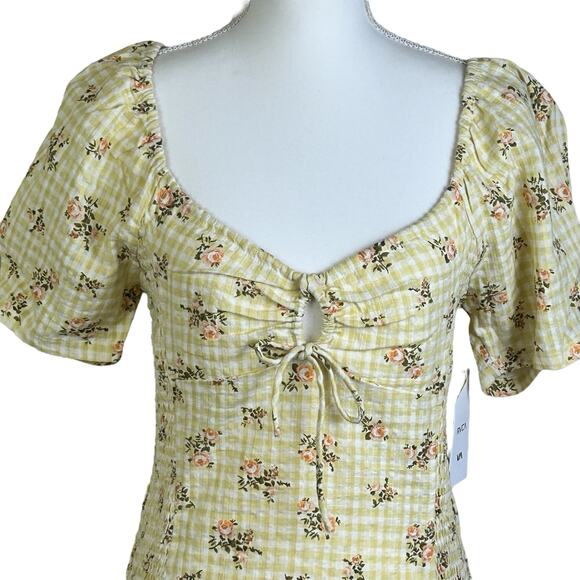 RVCA Dress Gretel Golden Floral Yellow Keyhole Tie Smocked Sides Cotton Mini - Picture 8 of 12